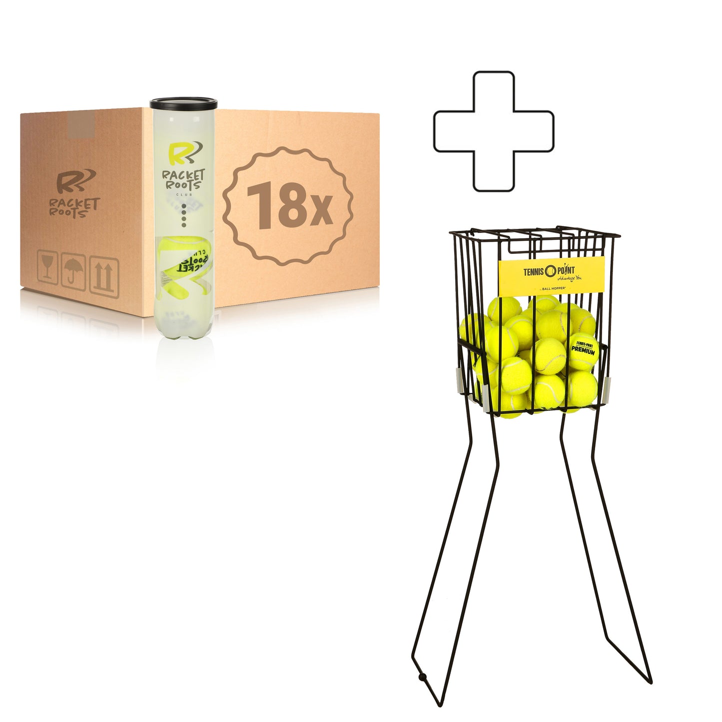 Racket Roots 18x verpakking 4 stuks Club Tennisball Plus ballenmand Racket Roots 18x verpakking 4 stuks Club Tennisball Plus ballenmand