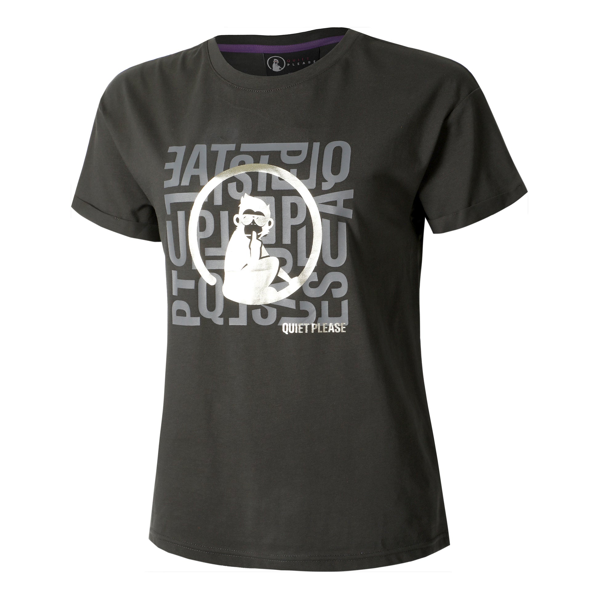 Quiet Please Glitter Word Salad T-shirt Dames-Antraciet