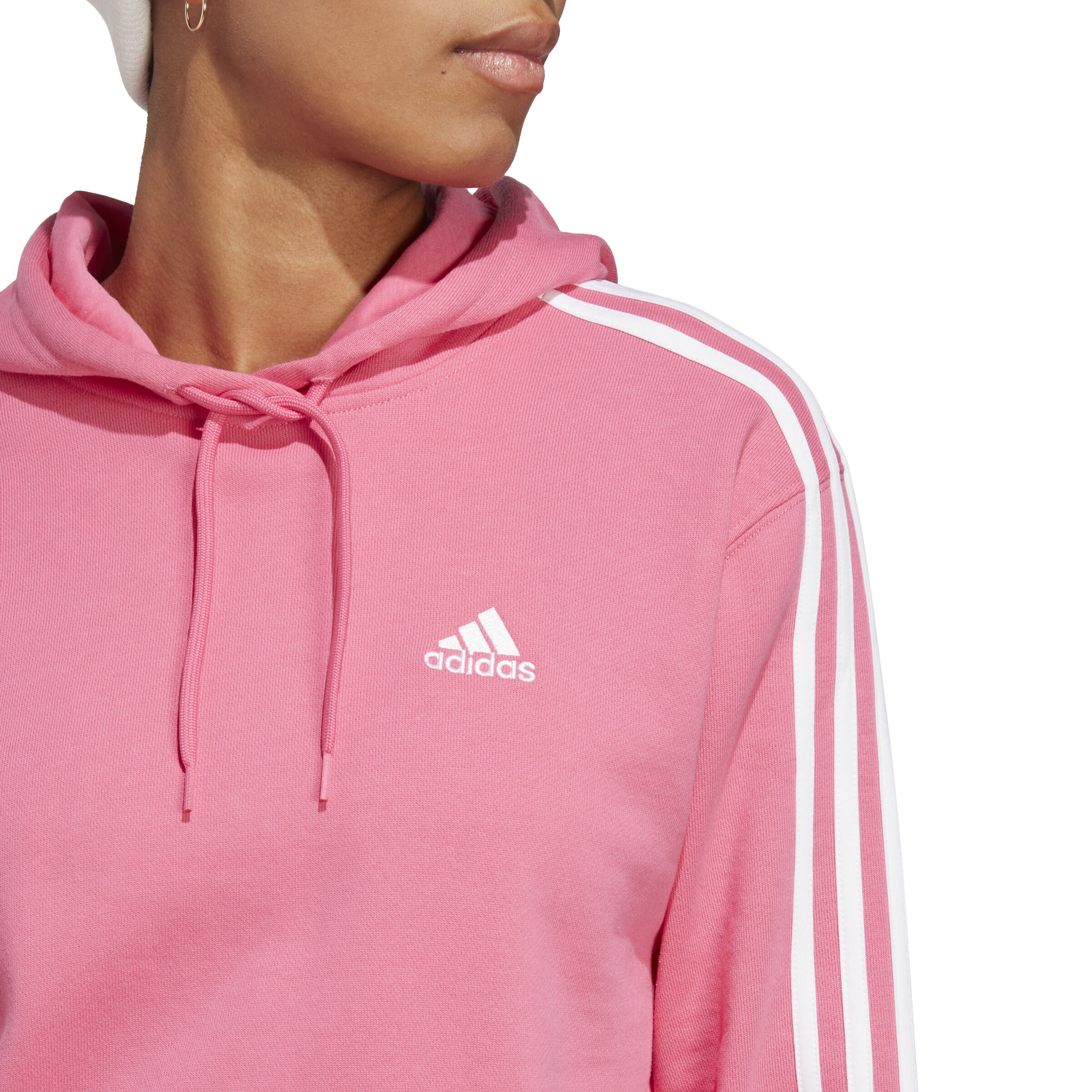 Essentials 3 Stripes French Terry Crop Sweater Met Capuchon Dames Roze Wit