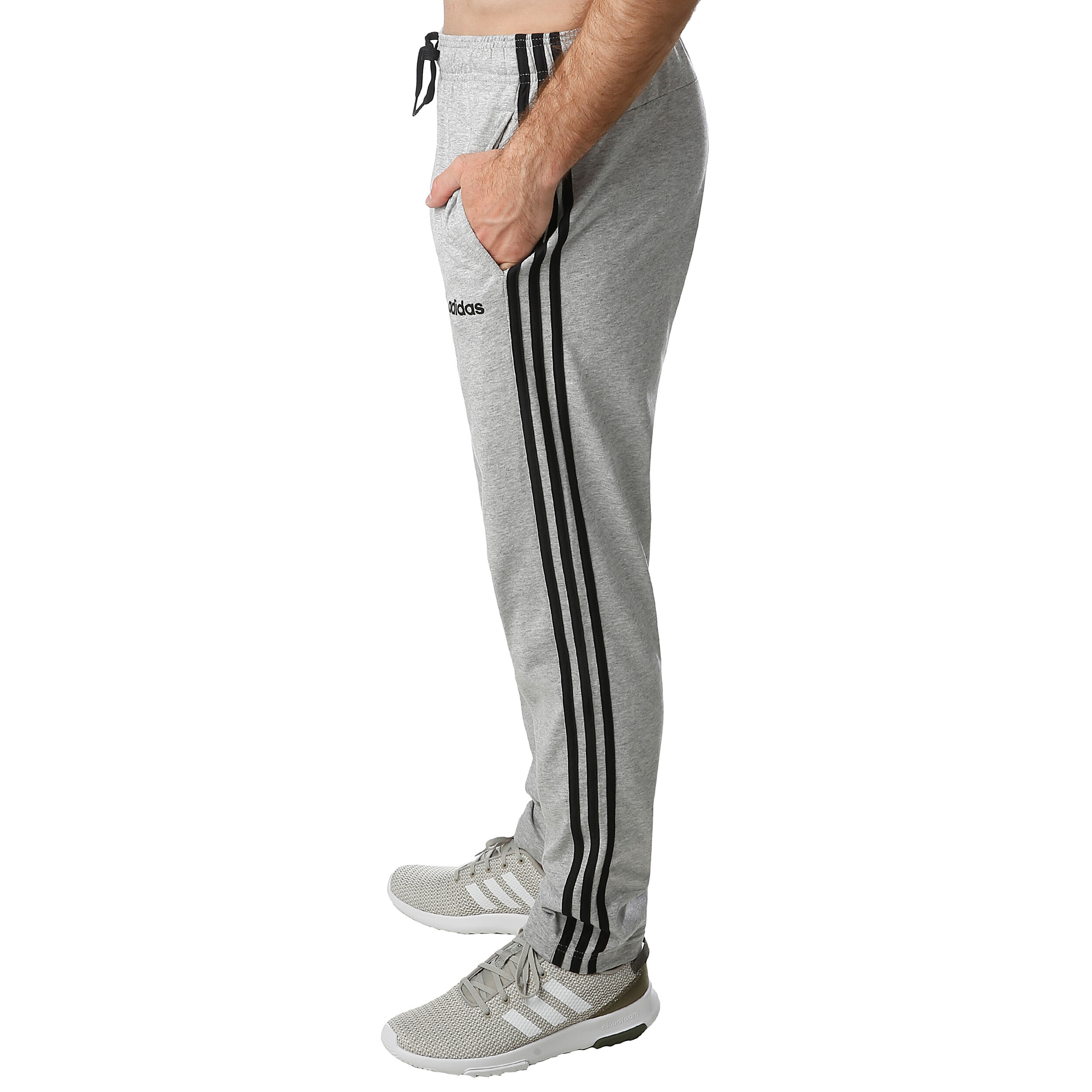 Essentials 3 Stripes Open Hem Single Jersey Tapered Trainingsbroek Heren Lichtgrijs Zwart
