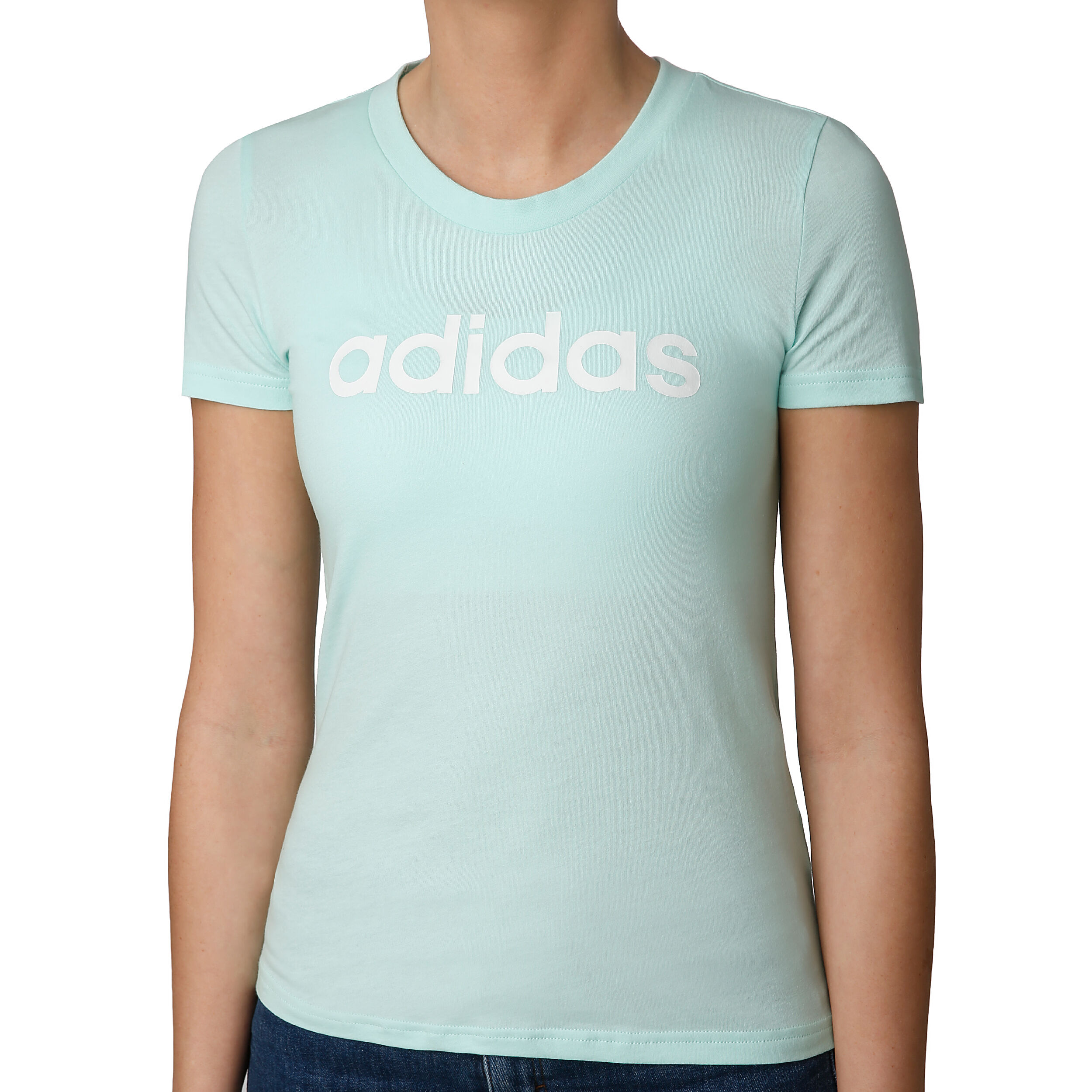 adidas Essentials Linear Slim T shirt Dames Mint, Wit adidas Essentials Linear Slim T shirt Dames Mint, Wit